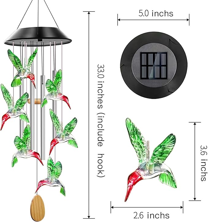 Solar Powered Hummingbird Wind Chimes with 4 Music Aluminum Tubes, Hummingbird Wind Chimes for Outside,Best Gifts for Mom Grandma Women Wife Aunt Sister, Unique Mobile Wind Chime, Garden Yard Decor