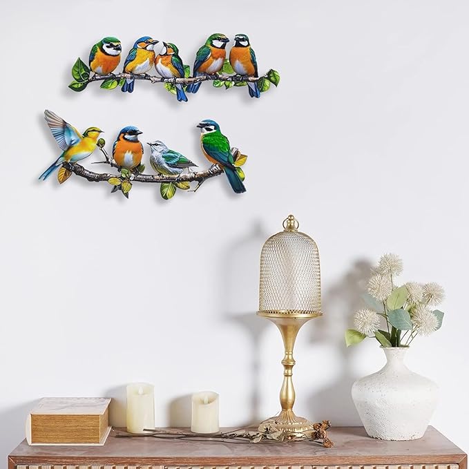 Metal Bird Outdoor Wall Art Decor - Hummingbird Wall Silhouette Art, Bird on Branch Wall Sculpture Hanging Indoor Outdoor for Your Yard, Garden and Patio (2 Pack)