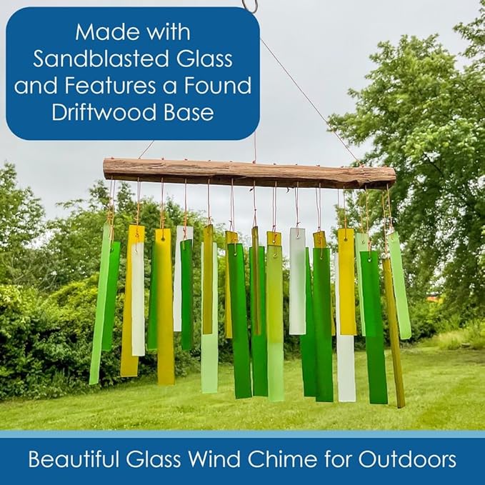 Blue Handworks Spring Colors Glass and Driftwood Chime - Sandblasted Glass and Found Wood Hand Crafted Wind Chime