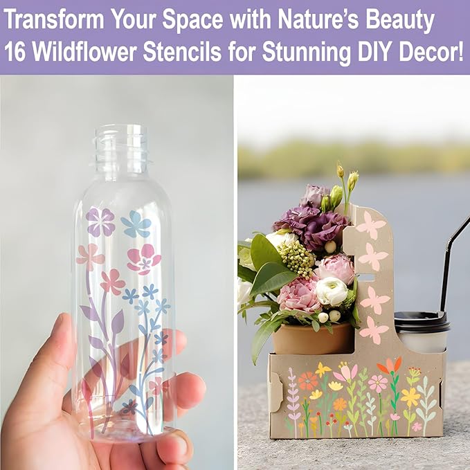 16 Pieces Wildflower Stencils for Painting on Wood, Reusable Flower Paint Templates with Nature Plant Pattern, 4.7 x 5.9 Inch DIY Craft Stencils for Wall Home Decor