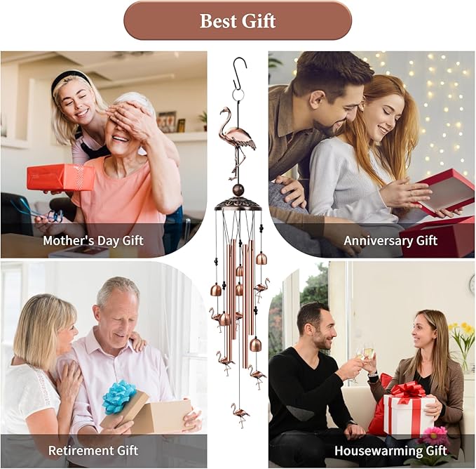Flamingo Wind Chimes for Outside, Decorative Wind Chimes Flamingo Gifts for Women, Memorial Windchimes Outdoors with S Hook for Patio Garden Decor, Birthday Gifts for Mom Grandma