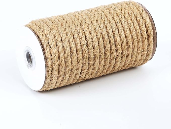 Natural Jute Twine, 8MM x 50FT Jute Rope Roll, Heavy Duty Thick Twine for Cat Scratching Post, Bundling, Gardening and DIY Crafts