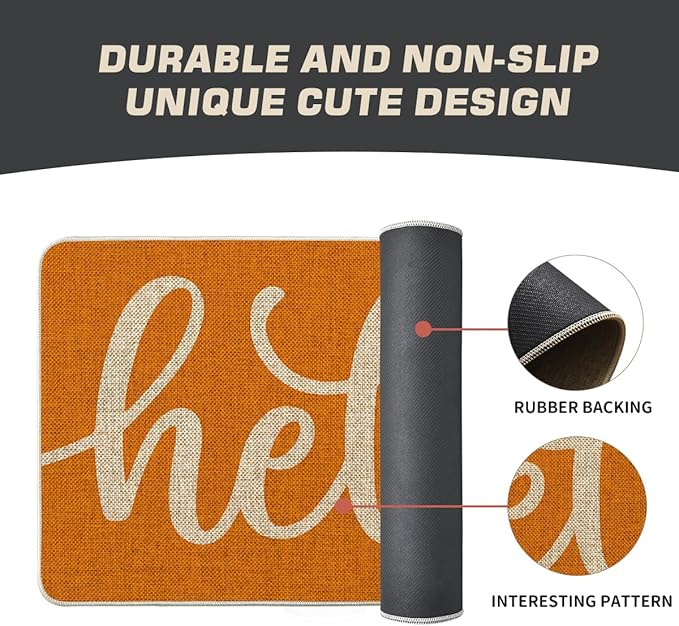 Artoid Mode Orange Hello Fall Doormat, Autumn Home Decor Low-Profile Switch Rug Door Mat Floor Mat for Indoor Outdoor 17x29 Inch