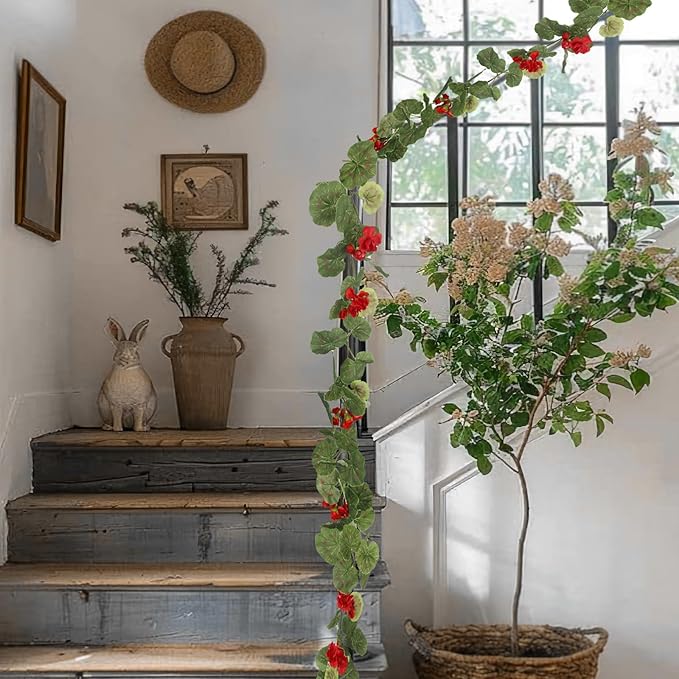 CISDUEO 2 Pcs Spring Summer Flower Garland Geranium Artificial Garland Outdoors Red Geranium Outdoor Artificial Flowers UV Resistant Hanging Basket Floral Garland for Porch Farmhouse Centerpiece Decor