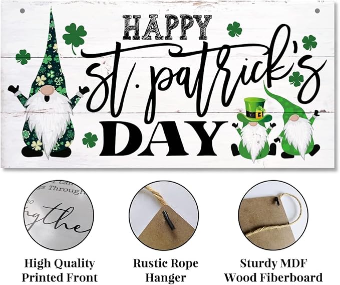 Hanging Happy St Patrick's Day Wood Decor Sign - Gnome Printed Wall Art, Irish Home Signs, Door Hanging, Rustic Farmhouse Decor