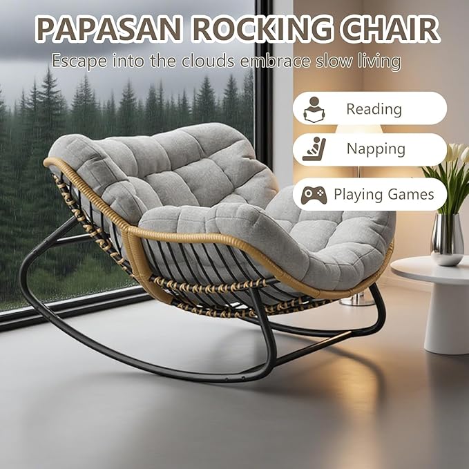 Oversized Papasan Rocking Chair with Extra Thick Cushion, Rattan Wicker Egg Chair for Indoor & Outdoor Use – Cozy Swivel Lounge Chair for Patio, Living Room, Bedroom, or Porch, Grey