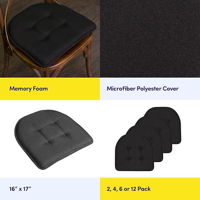 Sweet Home Collection Chair Cushion Memory Foam Pads Tufted Slip Non Skid Rubber Back U-Shaped 17" x 16" Seat Cover, 2 Count (Pack of 1), Black