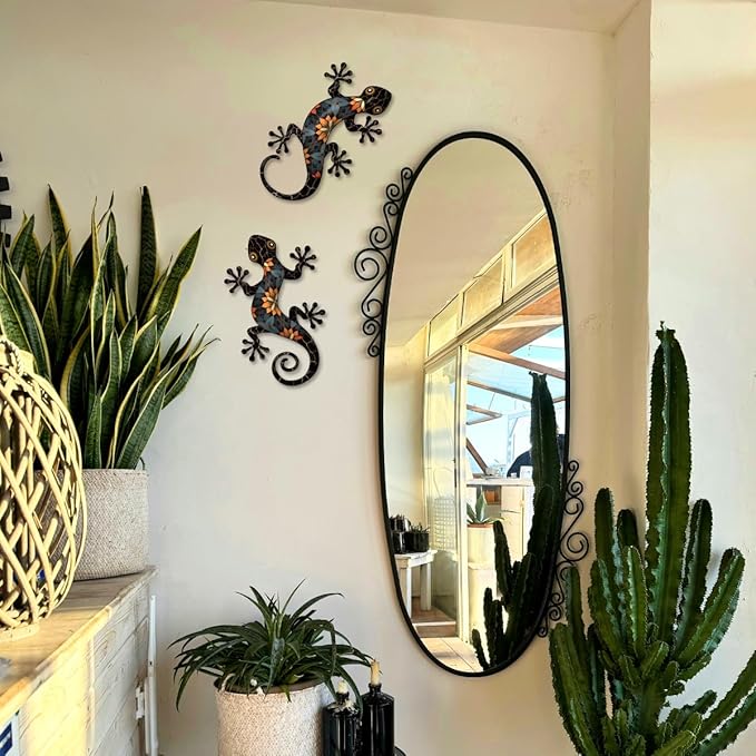 Metal Gecko Outdoor Wall Art, 2 Pcs 11.8 inch Gecko Wall Hanging Sculpture Decorations for Indoor or Outdoor, Garden Yard Fence Balcony Porch Home Wall Decor, Black Metal Wall Art Decor