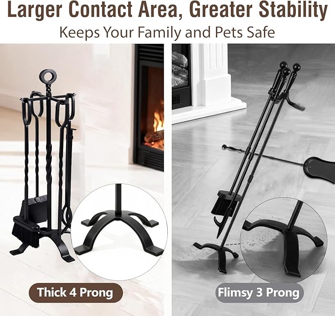 AMAGABELI GARDEN & HOME 5 Pieces Fireplace Tools Set Indoor Wrought Iron Fire Place Pit Large Poker Wood Stove Log Firewood Tongs Holder with Handles Modern Black Outdoor Accessories Kit
