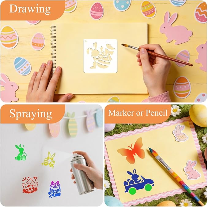72 PCS 3x3 Inch Spring Easter Stencils for Painting - Reusable Easter Templates Chicks Eggs Bunny Farm Spring Painting Templates on Wood, Glass, Fabric, Window Door Decor DIY Decoration