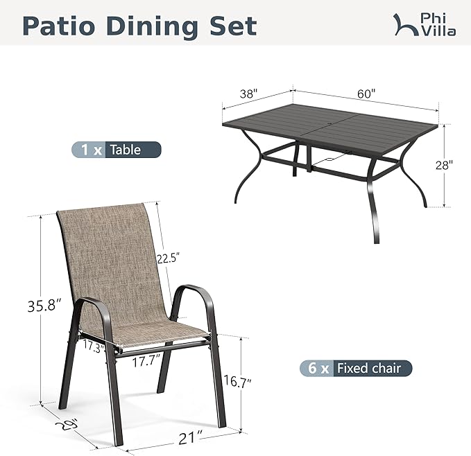 PHI VILLA 7 Piece Patio Table and Chairs Set for 6 Person, Metal Slat Rectangle Table and Stackable Patio Chairs with Textilene Mesh Fabric, All Weather Patio Furniture Set for Deck Lawn Garden