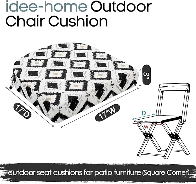 idee-home Outdoor Chair Cushions Set of 2, Thick 17" x 17" x 3" Outdoor Seat Cushions Patio Furniture Waterproof with Ties, Dining Pads