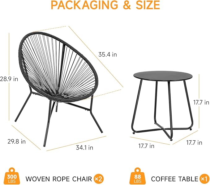 ONBRILL 3 Piece Patio Bistro Set, Outdoor Acapulco Chairs with a Coffee Table, All-Weather PE Rattan Patio Furniture Set for Balcony, Garden, Proch, Black