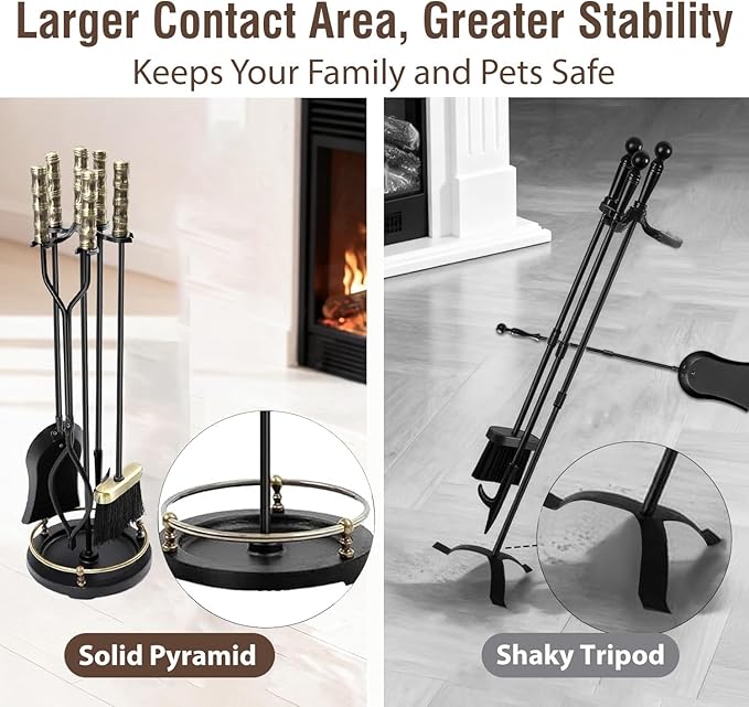AMAGABELI GARDEN & HOME Fireplace Tools Set 5 Pcs Wrought Iron Indoor with Stand for Fire Place Kit Holder Wood Stove Hearth Accessories Chimney Fire Pit Tongs Shovel Brush Poker Fireset Outdoor Brass