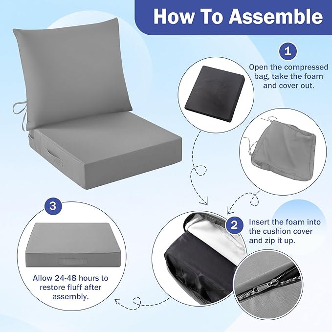 Outdoor Seat Cushion Set, Waterproof & Fade Resistant Patio Chair Cushions, Outdoors Cushion for Patio Furniture, 24 x 24 x 5.75 Inch, Outdoor Couch Cushions with Handle and Ties, Grey