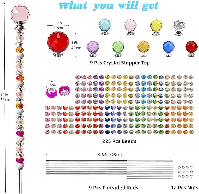255Pcs Fairy Wand Garden Stake Beads Kits with Large Hole Beads and Crystal Balls, Beaded Garden Stakes Kit for Different Holidays, Fairy Garden Accessories Outdoor Kit, Beadable Items (Crystal Ball)