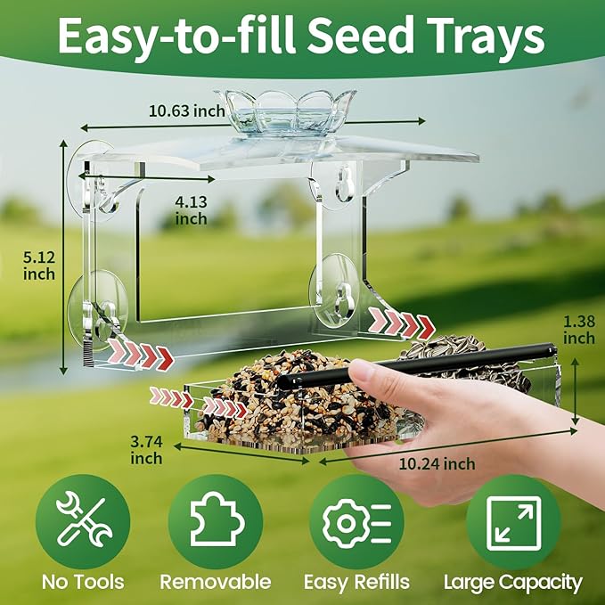 Window Bird Feeder for Outdoors-Clear Acrylic Window Bird Feeders with Strong Suction Cups and Removable Seed Tray,Transparent Birdhouse for Viewing Wild Birds, Ideal Outside Gardening Gifts