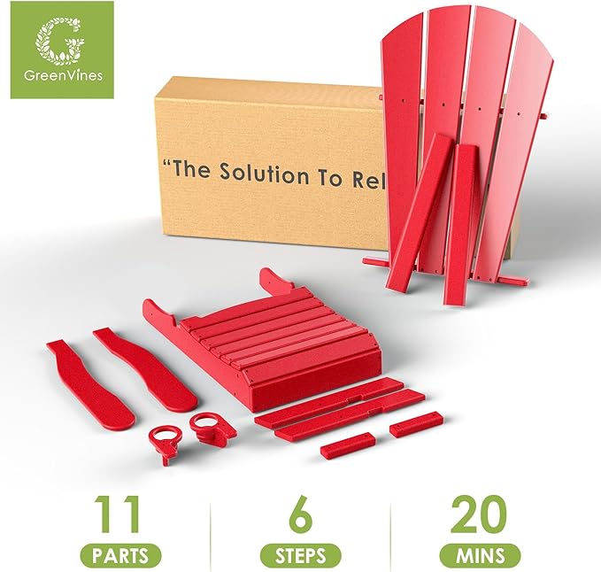 GREENVINES Adirondack-Chairs-with-Ottoman | Set of 2 | Folding | Retractable-Footrest | HDPE Plastic | All Weather Fire Pit Chair | Cup Holders | Red | for Outdoor Poolside