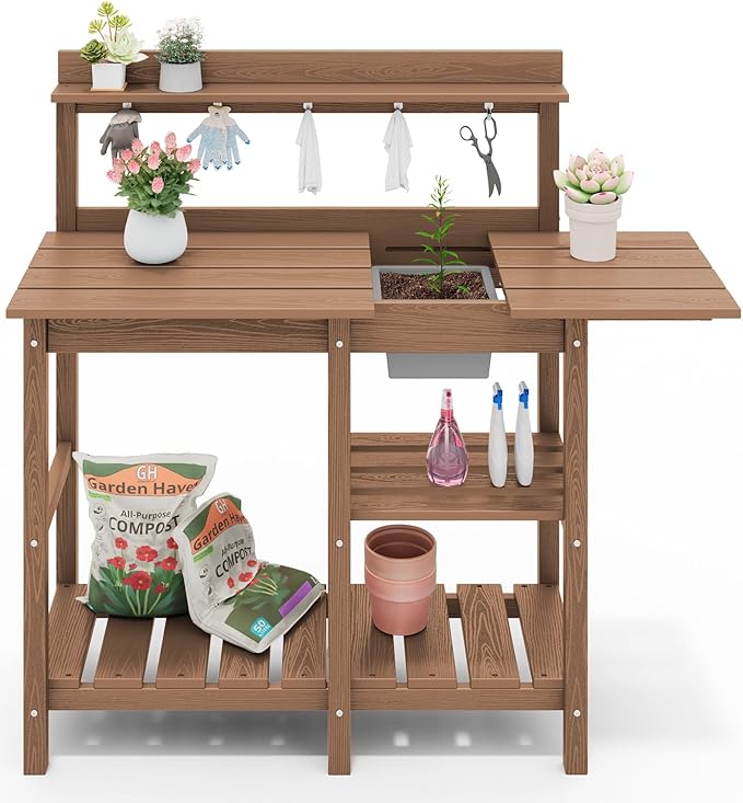 SERWALL Outdoor Potting Bench 2-Piece Set, Rot-Resistant HDPE Potting Table with Removable Sink for Outside Gardening, All-Weather Use - Brown