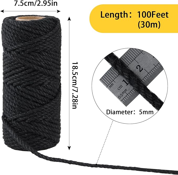 100 Feet 5mm Thick Black Natural Jute Twine, Garden Twine Heavy Duty Industrial Packing Materials String Wrapping, Arts, and Crafts, Halloween Wrapping, Gardening Applications