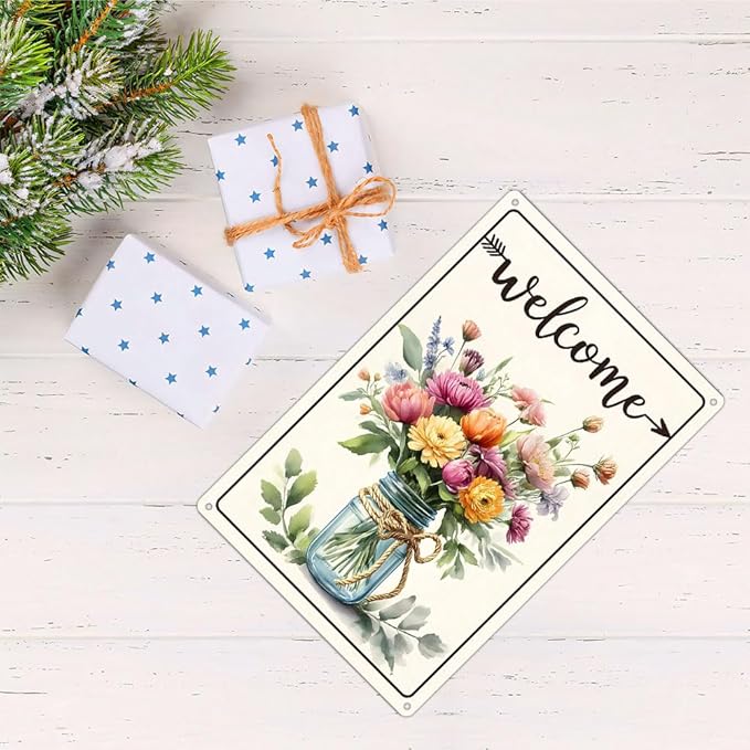 Funnysign Vintage "Welcome" Tin Sign – Rustic Floral Bouquet in Mason Jar – Metal Wall Decor for Home, Porch, Garden – 8x12 Inches (9821)