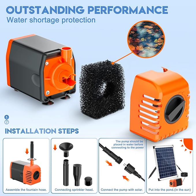Antfraer 25W Solar Pond Pump, Solar Fountain Pump with 6.6FT Tubing & 16.5FT Cord for Garden Ponds, Fish Tanks Waterfalls & DIY Fountain Water Features