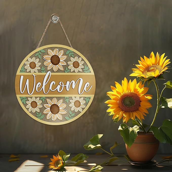 Welcome Sunflower Front Door Sign, Spring Summer Yellow Flower Wood Hanger Outdoor Outside Porch Home Decor, Fall Floral Wooden Wreath Indoor Wall Hanging Decoration