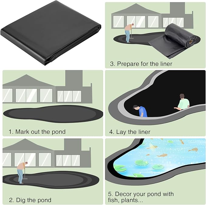 hygger Pond Liner - 7 by 10ft Fish Pond Liners for Outdoor Ponds, 14.5 Mil PVC Soft Pond Liner for Fish Ponds, Water Features, Garden Water Fountains, Waterfalls