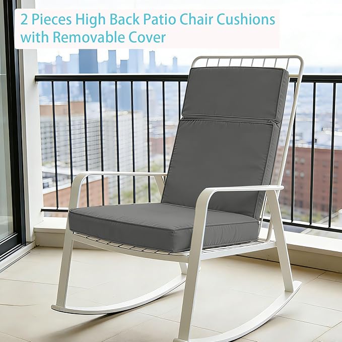 2 Pieces High Back Patio Chair Cushions, Fade Resistant Outdoor Rocking Chair Cushions, Office Chair Back Support Cushion (Dark Gray, Seat (21''x21''x3'')+Backrest (21''x28''x3''))