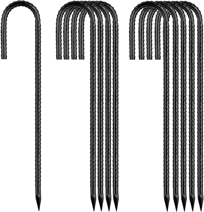 12 Inch Rebar Stakes, J Hook Ground Stakes 10 Pack Black Ground Anchors for Tent Heavy Duty for Plants Anti-Rust Landscape Fabric Artificial Turf