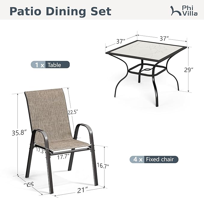 PHI VILLA 5 Piece Outdoor Dining Set with 4 Stackable Patio Chairs and a 37'' Carbon Crystal Patio Table, All Weather Small Patio Furniture Set for Deck Lawn Garden Poolside Backyard