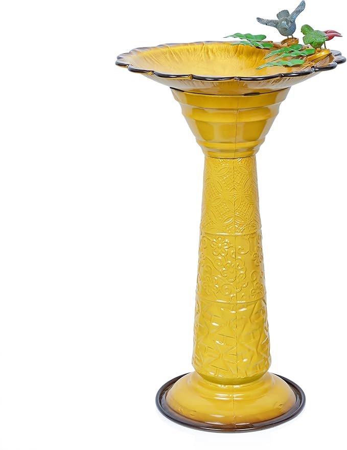 Alpine Corporation ORS112YL Vintage Metal Pedestal Birdbath with Stand, Shallow Bird Bath Bowl for Outside, 28" H, Yellow