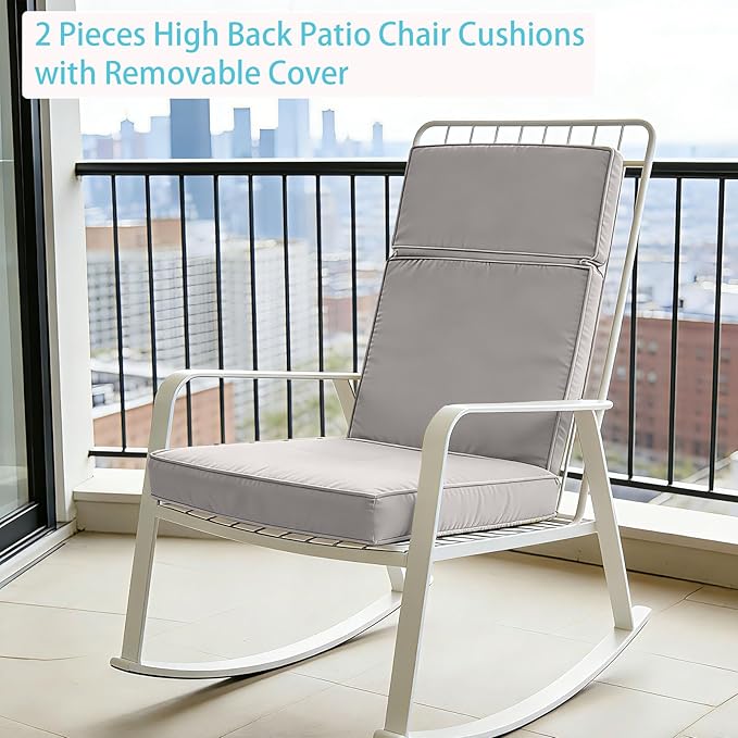 2 Pieces High Back Patio Chair Cushions, Fade Resistant Outdoor Rocking Chair Cushions, Office Chair Back Support Cushion (Off-White, Seat (21''x21''x3'')+Backrest (21''x28''x3''))