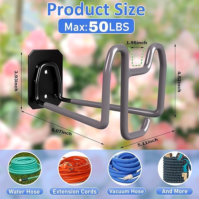 2pcs Garden Hose Holder with Tool Hook - Heavy Duty Water Hose Reel with Nozzle Storage Design, Wall Mount Hose Hanger Water Hose Holders for Outside Yard Storage