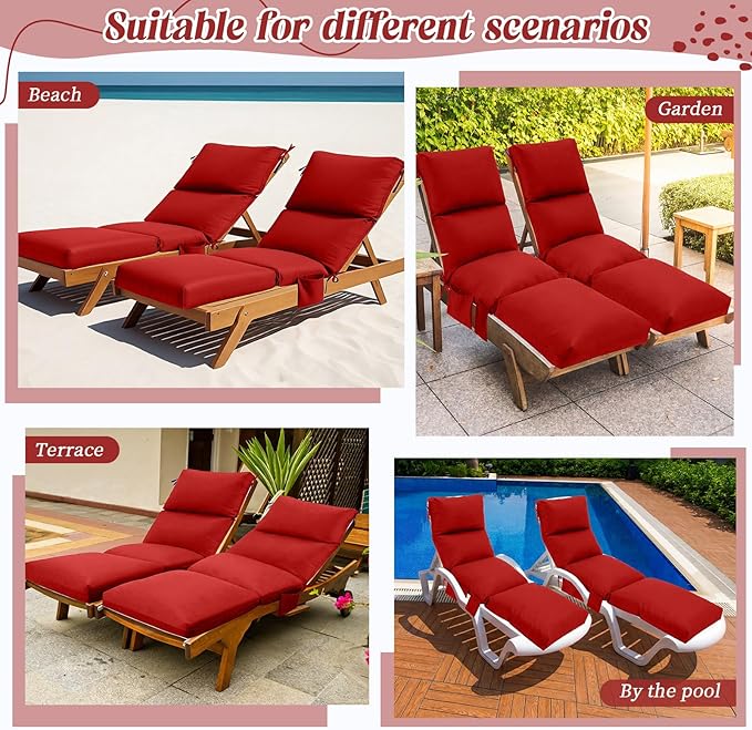Kigley 2 Pcs Chaise Lounge Cushions, 77.9 x 20.5 x 4.7 Inch Outdoor Lounge Chair Cushions with Pocket, Thick Tufted Patio Recliner Replacement with Ties, Fade Resistant for Pool Furniture (Red)