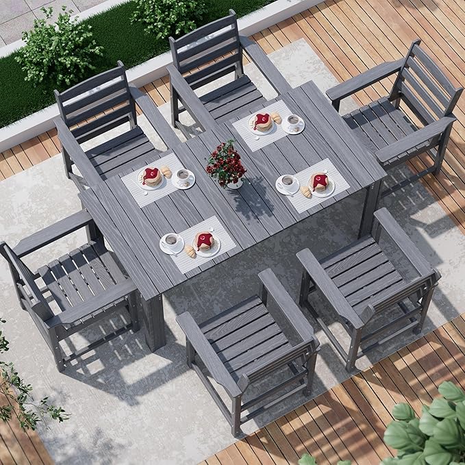 Outdoor HDPE Dining Table Set, 7-Piece Outdoor Dining Table Sets, Wood Grain Patio Furniture Sets with Umbrella Hole for Porch, Backyard, Gray