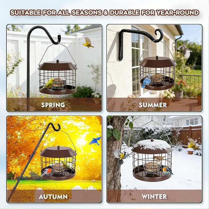 Caged Bluebird Feeder for Mealworms with Glass Bowl, Squirrel Proof Bird Feeder for Small Birds Only, Detachable Hook, Large Space, Outdoors Weatherproof, Metal, Brown