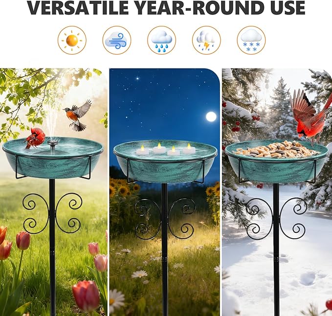 3" Deep 43" Tall Metal Bird Bath for Outdoors, 12" Dia Removable Bird Baths Water Bowl for Outside, Vintage Standing Birdbaths with Stable Stake for Garden Yard Lawn Decor 1.4 Gallon, Blue-Green