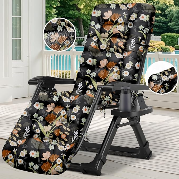 Zero Gravity Chair Cushion Outdoor Chaise Lounge Chair Cushion Waterproof 66 x 21 x 4 Inches Cotton with Ties, Soft Thickened Indoor Outdoor Furniture (Black Peony)