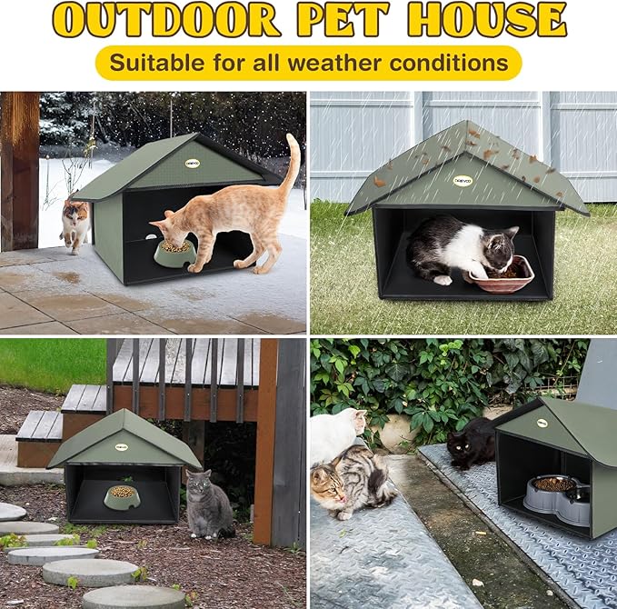 Dreyoo Outdoor Cat Feeding Station for Food & Water, Weatherproof Outdoor Kitty Dining Room Cat Shelter for Stray, Feral Cats and Community Cats, 13”d x 17”w x 15.5'h(2 Pack,Dark Green)