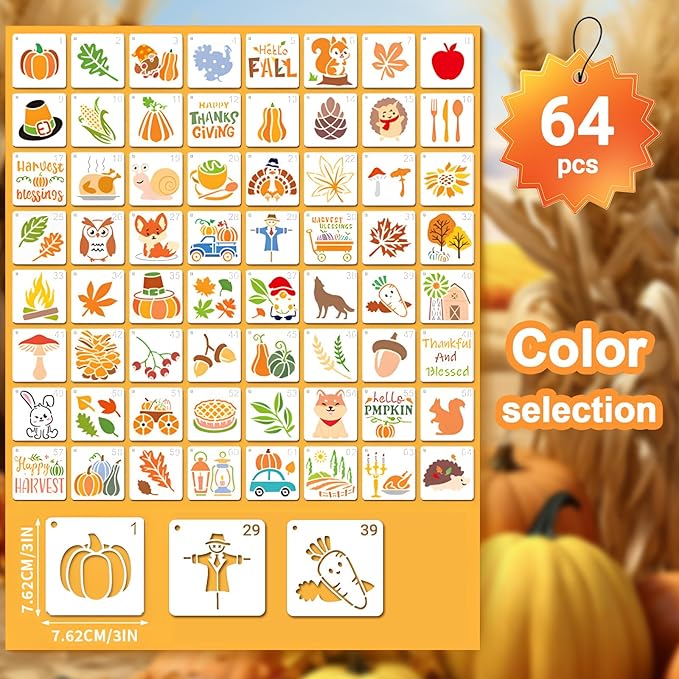 Felixcraft Thanksgiving Stencils for Painting, 64PCS 3x3 Inch Plastic Fall Stencils for Crafts Reusable, Durable PET Material for Wood Signs, Wall Art, Fabric Painting, and Festive DIY Art Projects
