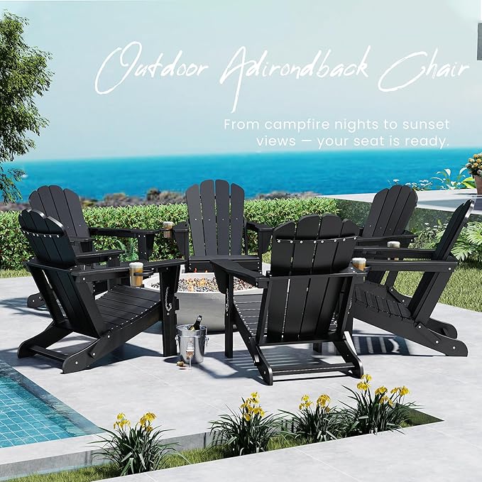Domi Folding Adirondack Chairs Set of 8, HDPE All-Weather Outdoor Chairs with Cup Holder, Wooden Textured Fire Pit Chairs for Backyard, Patio, Poolside & Deck,Black