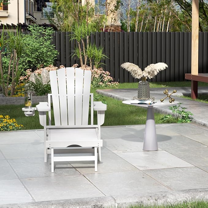 Folding Adirondack Chair with Retractable Ottoman,All Weather Fire Pit Chairs with Cup Holder,Outdoor Chair with Ottoman,White
