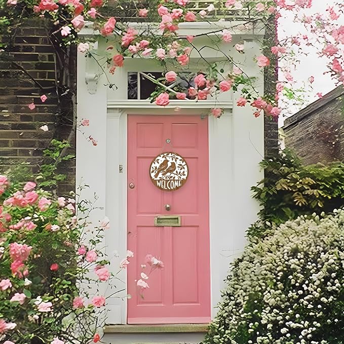 Deroro Welcome Spring Summer Birds Silhouette Front Door Sign, Branches Farmhouse Wood Door Hanger Outdoor Outside Porch Decor, Rustic Seasonal Wooden Wreath Indoor Wall Hanging Decoration