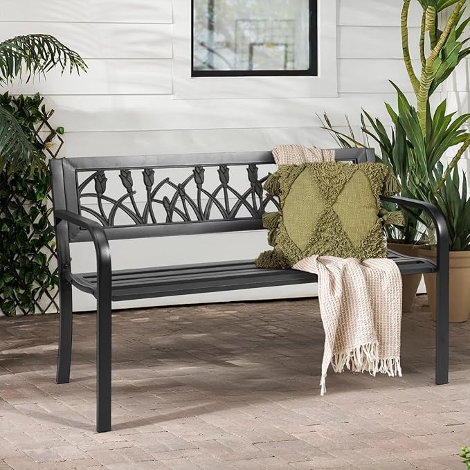 Outvita Outdoor Bench, 50" Iron Steel Frame Garden Bench with Tulip Pattern and Plastic Backrest Armrests, Patio Bench for Garden Park Yard Front Porch Patio, Black