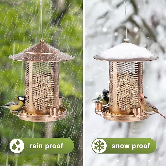 Bird Feeder, Heavy Duty Bird Feeders for Outdoors, Metal Iron Mesh Squirrel Proof with 3 Extra Feeding Ports,4LB Large Capacity Wild Birdfeeder for Outside Hanging Garden Yard Backyard