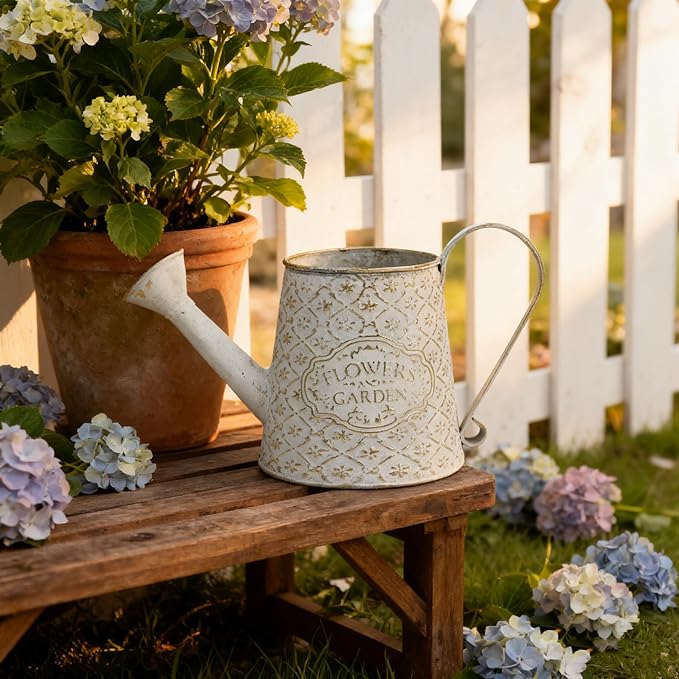 Vintage White Metal Flower & Garden Watering Can, Rustic Farmhouse Decorative Watering Pot Planter for Home Patio Backyard Outdoor Plant Care