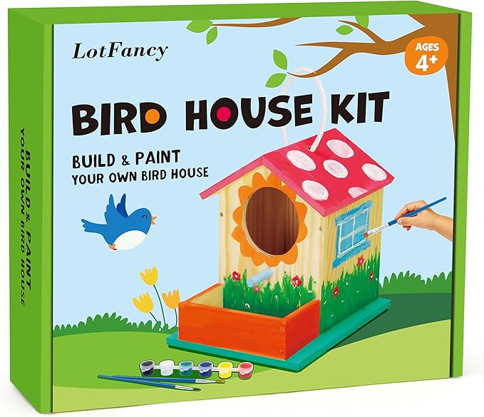 LotFancy Bird House Kit, DIY Wooden Birdhouse Kits, Arts and Crafts Painting Kits for Kids Ages 4+, Build and Paint, Including Paints & Brushes