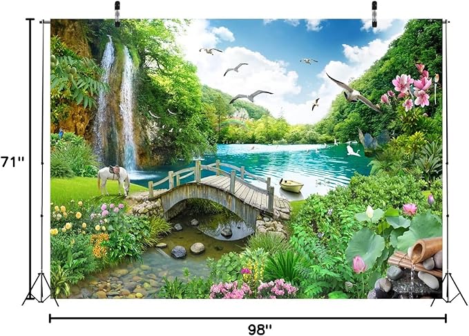 BELECO 8x6ft Fabric Picturesque Garden Backdrop Tropical Landscape Green Mountain Forest Trees Waterfall Lake Flowers Birds Horse River Bridge Fantasy Wonderland Background Wall Mural Photoshoot Props