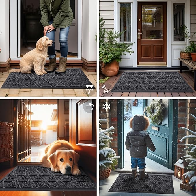 Smiry Front Door Mat Outside Entrance, Heavy Duty Sturdy Natural Rubber Doormat, Trap Dirt and Moisture, Easy Clean Low Profile Mats for Indoor Outdoor Entry, Grid Geometric (71x23, Grey)